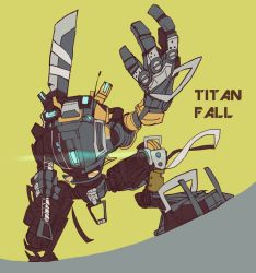 Rule 34 | animification, butsuzo ex, copyright name, glowing, holding, holding sword, holding weapon, looking up, mecha, mecha focus, no humans, open hand, over shoulder, robot, ronin (titanfall 2), solo, squatting, sword, titanfall, titanfall (series), titanfall 2, weapon