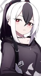 Rule 34 | 1girl, backpack, bag, black hair, black hoodie, blue archive, blush, hoodie, looking at viewer, multicolored hair, red eyes, school uniform, simple background, solo, two-tone hair, upper body, white background, white hair, yun (kbdenz9)