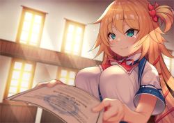 Rule 34 | 1girl, akai haato, akai haato (1st costume), blonde hair, blurry, bow, breasts, certificate, crying, day, depth of field, diploma, graduation, green eyes, hair ornament, happy tears, heart, heart hair ornament, highres, holding, holding paper, hololive, indoors, kira dx kira, large breasts, light particles, long hair, one side up, paper, red bow, red ribbon, ribbon, school, short sleeves, smile, solo, sunlight, tearing up, tears, upper body, very long hair, virtual youtuber, window