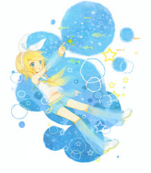 Rule 34 | 1girl, bare shoulders, blonde hair, blue eyes, boots, detached sleeves, fish, hairband, kagamine rin, mikanniro, outstretched arm, short shorts, shorts, solo, star (symbol), vocaloid