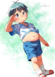 Rule 34 | 1boy, antenna hair, belly, blue shorts, blush, character request, closed mouth, commentary request, copyright request, dot nose, fat, fat man, foot out of frame, highres, looking away, male focus, midriff, momotaro chitose, muffin top, navel, shoes, short hair, short sleeves, shorts, signature, socks, solo, tareme