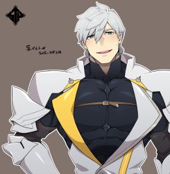 Rule 34 | 1boy, armor, bara, black bodysuit, blue eyes, bodysuit, covered abs, fate/grand order, fate (series), highres, large pectorals, looking at viewer, male focus, muscular, muscular male, pauldrons, pectorals, percival (fate), short hair, shoulder armor, smile, solo, standplay, translation request, upper body, white hair