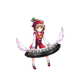 Rule 34 | 1girl, brown eyes, brown footwear, brown hair, closed mouth, frilled hat, frills, full body, game cg, hat, hat ornament, highres, instrument, keyboard (instrument), long sleeves, looking at viewer, lyrica prismriver, red hat, red skirt, red vest, rotte (1109), shirt, short hair, simple background, skirt, smile, socks, solo, star (symbol), star hat ornament, third-party source, touhou, touhou lostword, vest, white background, white shirt, white socks, wings