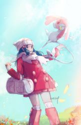 Rule 34 | 1girl, bag, beanie, black hair, boots, buttons, coat, creatures (company), dawn (pokemon), day, duffel bag, eyelashes, game freak, grey eyes, hair ornament, hairclip, hanenbo, hat, highres, legendary pokemon, long hair, long sleeves, nintendo, open mouth, outdoors, over-kneehighs, petals, pokemon, pokemon (creature), pokemon dppt, pokemon platinum, red coat, scarf, sidelocks, signature, standing, teeth, thighhighs, white bag, white headwear, white scarf, white thighhighs, winter clothes