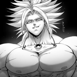 Rule 34 | 1boy, absurdres, blank eyes, broly (dragon ball z), dragon ball, dragonball z, earrings, greyscale, highres, hydeover9000, jewelry, legendary super saiyan, male focus, monochrome, muscular, muscular male, necklace, nipples, pectorals, solo, spiked hair, super saiyan, upper body