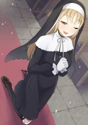 Rule 34 | 1girl, absurdres, breasts, brown eyes, commentary request, full body, gloves, habit, highres, indoors, kneeling, kurosawa shouichi, large breasts, light brown hair, long hair, nijisanji, nun, one eye closed, open mouth, sister claire, sister claire (1st costume), solo, virtual youtuber, white gloves