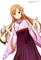 Rule 34 | 1girl, absurdres, asuna (sao), copyright name, female focus, hair between eyes, hakama, hakama skirt, highres, japanese clothes, kimono, long hair, looking at viewer, simple background, skirt, smile, solo, sword art online, very long hair, white background