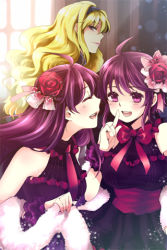 Rule 34 | 3girls, ahoge, bare shoulders, blonde hair, blush, bow, closed eyes, flower, grin, hair flower, hair ornament, hairband, holding, linia pacifica, long hair, lowres, multiple girls, open mouth, pink eyes, pleated skirt, pointing, purple eyes, purple hair, ribbon, rion flina, rose, sion flina, skirt, smile, sword girls, wavy hair