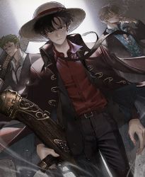 Rule 34 | 3boys, black hair, blonde hair, business suit, cigarette, formal, green hair, hair over one eye, hat, light beam, looking at viewer, male focus, monkey d. luffy, mouth hold, multiple boys, necktie, one piece, one piece: strong world, roronoa zoro, runa (nori31291404), sanji (one piece), scar, short hair, smoking, straw hat, suit, weapon