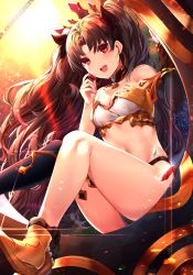 Rule 34 | 1girl, anklet, asymmetrical legwear, asymmetrical sleeves, bad id, bad pixiv id, bare shoulders, black hair, breasts, bridal gauntlets, collar, crown, earrings, elbow gloves, fate/grand order, fate (series), gloves, hair ribbon, heavenly boat maanna, highres, hoop earrings, ishtar (fate), jewelry, kaerunoko, long hair, looking at viewer, medium breasts, navel, neck ring, pelvic curtain, red eyes, ribbon, single elbow glove, single thighhigh, sitting, solo, star (symbol), starry background, teeth, thighhighs, tohsaka rin, two side up, uneven legwear, uneven sleeves, weapon