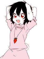 Rule 34 | 1girl, 6 (yuchae), :3, animal ears, arms behind head, arms up, black hair, carrot necklace, colored skin, dress, floppy ears, frilled sleeves, frills, hair between eyes, inaba tewi, jewelry, looking at viewer, necklace, open mouth, pink dress, rabbit ears, rabbit girl, rabbit tail, red eyes, short hair, short sleeves, simple background, smile, solo, tail, touhou, upper body, white background, white skin