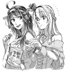 Rule 34 | 2girls, ahoge, bare shoulders, blush, braid, closed mouth, commentary request, cropped torso, crown, detached sleeves, double bun, dress, eating, fingernails, flower, food, french braid, greyscale, hair between eyes, hairband, headgear, holding, holding food, japanese clothes, jewelry, kantai collection, kongou (kancolle), long hair, long sleeves, looking at viewer, mini crown, monochrome, multiple girls, necklace, nontraditional miko, off-shoulder dress, off shoulder, open mouth, ribbon, ribbon-trimmed sleeves, ribbon trim, rose, simple background, snack, teeth, warspite (kancolle), white background, wide sleeves, yamada rei (rou)