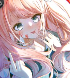 1girl artist_name bear_hair_ornament black_shirt blood blood_on_face blush breasts collarbone danganronpa:_trigger_happy_havoc danganronpa_(series) enoshima_junko green_eyes hair_ornament hands_up ina_ina long_hair messy_hair middle_finger shirt smile tongue tongue_out twintails