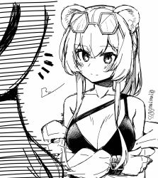 1girl animal_ears arknights arm_under_breasts bikini breast_rest breasts cleavage eyewear_on_head greyscale hair_between_eyes jacket large_breasts lin_(arknights) long_hair monochrome mouse_ears off_shoulder official_alternate_costume open_clothes open_jacket sidelocks simple_background solo split_mouth sunglasses swimsuit twitter_username upper_body white_background yom_(ymayma00ss)