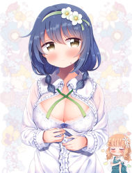 Rule 34 | 2girls, blonde hair, blue bow, blue hair, blunt bangs, blush, bow, bow bra, bra, braid, breasts, brown eyes, center frills, cleavage, closed eyes, commentary request, dress, floral background, flower, frilled dress, frills, furutani himawari, green hairband, hair between eyes, hair flower, hair intakes, hair ornament, hairband, hairclip, heart, highres, lace, lace-trimmed bra, lace trim, large breasts, long sleeves, low twintails, medium hair, mini person, minigirl, multiple girls, oomuro sakurako, open clothes, open dress, revision, size difference, smile, sweatdrop, takahero, teardrop, twin braids, twintails, underwear, white bra, white flower, yuru yuri