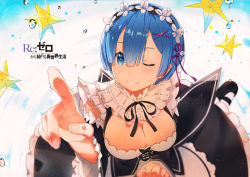 Rule 34 | 10s, 1girl, ;), apron, arm garter, bad perspective, black bow, black footwear, black ribbon, blue eyes, blue hair, blurry, bow, breasts, cleavage, closed mouth, copyright name, dan evan, depth of field, detached sleeves, dress, frilled skirt, frilled sleeves, frills, hair ornament, heart, heart-shaped pupils, large breasts, looking at viewer, maid, maid headdress, mary janes, medium breasts, neck ribbon, one eye closed, re:zero kara hajimeru isekai seikatsu, rem (re:zero), ribbon, shoes, short hair, skirt, smile, solo, symbol-shaped pupils, underbust, upper body, waist apron, wide sleeves, x hair ornament