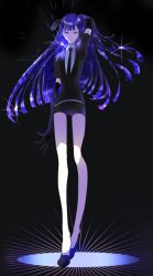 Rule 34 | 1other, androgynous, arm up, black background, black necktie, blue eyes, blue hair, blunt bangs, commentary request, crystal hair, elbow gloves, full body, gem uniform (houseki no kuni), gloves, highres, houseki no kuni, kayanogura, lapis lazuli (houseki no kuni), long hair, looking at viewer, necktie, short sleeves, shorts, simple background, smile, solo, sparkle, standing