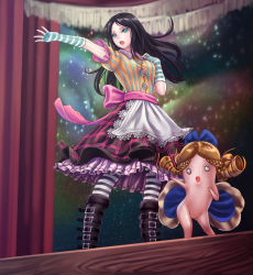 Rule 34 | 2girls, alice: madness returns, alice (alice in wonderland), alice liddell (american mcgee&#039;s alice), american mcgee&#039;s alice, american mcgee's alice, asterisk kome, black hair, bow, brown hair, dress, fingerless gloves, gloves, green eyes, multiple girls, pantyhose, striped clothes, striped pantyhose