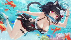 Rule 34 | 1girl, animal ear fluff, animal ears, anklet, black bow, black choker, black hair, black wristband, blush, bow, breasts, cat ears, cat girl, cat tail, choker, cleavage, collarbone, coral reef, damselfish, devil heavens, diving, fish, flower, goldfish, hair flower, hair ornament, hairband, highres, jellyfish, jewelry, lace-trimmed hairband, lace trim, large breasts, lingerie, mouth hold, navel, original, red eyes, ripples, sardine, see-through, short hair, side-tie costume, tail, thigh strap, tropical fish, underwater, underwear, virtual youtuber, water, white flower, white hairband