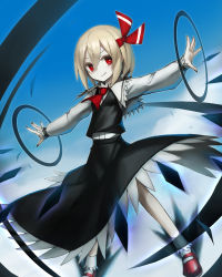 Rule 34 | 1girl, black dress, black nails, blonde hair, blue sky, child, closed mouth, commentary request, darkness, day, dress, fingernails, flying, hair between eyes, hair ribbon, highres, long sleeves, looking at viewer, mary janes, nail polish, neckerchief, red eyes, red footwear, red neckerchief, red ribbon, ribbon, rumia, sharp fingernails, shoes, short hair, sidelocks, sky, smile, socks, solo, spark621, touhou