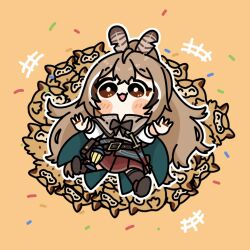 Rule 34 | 1girl, :3, ahoge, alicemuyuki, ankle boots, belt, blush, boots, brown capelet, brown cloak, brown corset, brown eyes, brown hair, cape, capelet, chibi, cloak, confetti, corset, crossed bangs, dagger, feather hair ornament, feathers, hair ornament, highres, hololive, hololive english, hootsie (nanashi mumei), knife, lantern, long hair, multicolored hair, nanashi mumei, nanashi mumei (1st costume), pleated skirt, ponytail, pouch, red skirt, ribbon, shirt, simple background, skirt, smile, streaked hair, thighhighs, very long hair, virtual youtuber, weapon, white shirt