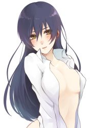Rule 34 | 10s, 1girl, akit (15jamjam), bad id, bad pixiv id, blue hair, blush, breasts, covered erect nipples, highres, long hair, looking at viewer, love live!, love live! school idol project, naked shirt, navel, open clothes, open shirt, shirt, simple background, solo, sonoda umi, upper body, white background, yellow eyes