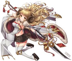 Rule 34 | 10s, 1girl, anila (granblue fantasy), blonde hair, breasts, cape, cleavage, draph, elbow pads, female focus, gloves, granblue fantasy, horns, jumping, kei kei, large breasts, long hair, midriff, naginata, navel, pleated skirt, polearm, sheep horns, skirt, smile, solo, tabard, thighhighs, very long hair, weapon, white gloves, white thighhighs, yellow eyes, zettai ryouiki