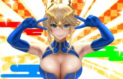 Rule 34 | 1girl, ahoge, armpits, artoria pendragon (fate), artoria pendragon (lancer) (fate), blonde hair, blue gloves, blue leotard, blush, braid, breasts, checkered background, cleavage, cleavage cutout, clothing cutout, crown, double v, emotional engine - full drive, fate/grand order, fate (series), french braid, gloves, green eyes, hair between eyes, heattech leotard, large breasts, leotard, long hair, looking at viewer, orange background, sidelocks, smile, solo, sparkle, turtleneck, v, yamaneko (tkdrumsco)