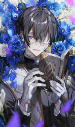 Rule 34 | 1boy, bandages, bandaid, bandaid on face, bandaid on neck, bandaid on nose, black coat, black hair, blue eyes, blue flower, blue rose, blush, book, coat, commentary request, cross, cross necklace, daisy, earrings, eyepatch, flower, gloves, hands up, highres, holding, holding book, jewelry, looking at viewer, male focus, medical eyepatch, multiple earrings, nana tetra, necklace, open book, open mouth, original, outdoors, rose, short hair, smile, solo, upper body, vestments, white flower, white gloves, white rose