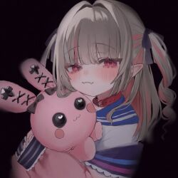 Rule 34 | 1girl, animal collar, black background, blue sailor collar, blush, closed mouth, collar, commentary, hair intakes, hair ribbon, hugging object, long hair, looking at viewer, makaino ririmu, makaino ririmu (4th costume), multicolored hair, nijisanji, pink hair, pointy ears, red collar, red eyes, ribbon, sailor collar, shinkie, simple background, smile, solo, streaked hair, stuffed animal, stuffed rabbit, stuffed toy, symbol-only commentary, two side up, upper body, virtual youtuber