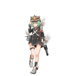 Rule 34 | 15k, 1girl, anchor, armband, bare legs, black jacket, black panties, black socks, blush stickers, boots, bottomless, buttons, cannon, closed eyes, closed mouth, collar, damaged, double-breasted, full body, green hair, hand on headwear, helmet, jacket, machinery, mole, mole under eye, no pants, official art, panties, pickelhaube, pocket, short hair, smoke, smokestack, socks, solo, standing, standing on one leg, tears, thigh strap, torn clothes, torpedo, transparent background, turret, underwear, warship girls r, white footwear, z21 wilhelm heidkamp (warship girls r)
