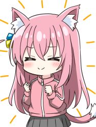 1girl animal_ear_fluff animal_ears blush bocchi_the_rock! cat_ears cat_tail clenched_hands closed_eyes closed_mouth commentary_request cowboy_shot gotoh_hitori grey_skirt hands_up jacket kemonomimi_mode kotatsu-mazoku long_hair long_sleeves no_nose pink_hair pink_jacket pleated_skirt sidelocks simple_background skirt smile solo tail track_jacket white_background zipper