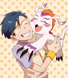 Rule 34 | 1boy, blue hair, blush, claws, digimon, digimon (creature), digimon adventure, closed eyes, fangs, glasses, gomamon, grin, hug, kido jo, male focus, orange background, patterned background, short sleeves, smile, sweater vest, t k g, upper body, wristband