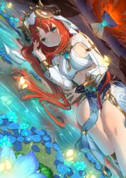 Rule 34 | 1girl, blue eyes, blue flower, blue skirt, breasts, brooch, commentary, crop top, desert, fake horns, flower, genshin impact, highres, horns, jewelry, long hair, long sleeves, looking at viewer, lying, meda, medium breasts, midriff, nilou (genshin impact), on side, outdoors, parted lips, petals, pyramid (structure), red hair, skirt, solo, thighlet, veil, very long hair, water
