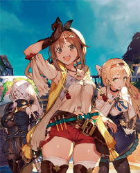 Rule 34 | 3girls, atelier (series), atelier ryza, atelier ryza 1, belt, blonde hair, blue belt, blue eyes, braid, breasts, brown belt, brown eyes, brown gloves, brown hair, choker, cleavage, day, dress, flask, french braid, gloves, green eyes, hair ornament, hairband, hairclip, hat, heterochromia, highres, hood, hooded vest, hoodie, jacket, jewelry, klaudia valentz, large breasts, leather, leather belt, lila decyrus, long hair, looking at viewer, medium breasts, multiple girls, necklace, official art, open mouth, outdoors, pantyhose, red eyes, red shorts, reisalin stout, round-bottom flask, short shorts, shorts, single glove, sleeveless, sleeveless jacket, star (symbol), star necklace, thick thighs, thighhighs, thighs, toridamono, vest, vial, white hair, white headwear, yellow jacket