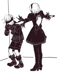 Rule 34 | 1boy, 1girl, backless outfit, blindfold, boots, commentary, covered eyes, english commentary, flying sweatdrops, greyscale, hairband, high heel boots, high heels, highres, jacket, juliet sleeves, long sleeves, meme, monochrome, nier (series), nier:automata, puffy sleeves, sakuramochixninja, scared, short hair, shorts, standing, t-pose, thigh boots, thighhighs, 2b (nier:automata), 9s (nier:automata)