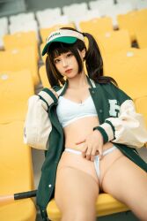 Rule 34 | 1girl, arena, asian, baseball bat, baseball cap, black hair, bra, breasts, chair, chinese (nationality), chunmomo0127, cleavage, closed mouth, frontal wedgie, green baseball cap, green jacket, hat, jacket, lips, looking at viewer, medium breasts, outdoors, oversized clothes, oversized jacket, panties, photo (medium), real life, red lips, sitting, stomach, thighs, thong, twintails, unbuttoned, unbuttoned jacket, underwear, wedgie, white bra, white chair, white panties, yellow chair