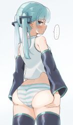 Rule 34 | ..., 1girl, absurdres, aqua hair, aqua panties, ass, ass grab, bare shoulders, black sleeves, black thighhighs, blue eyes, blunt bangs, blush, breasts, closed mouth, cowboy shot, crop top, detached sleeves, embarrassed, from behind, furrowed brow, grabbing own ass, hands on own ass, hatsune miku, highres, long hair, long sleeves, looking at viewer, looking back, midriff peek, no pants, panties, shirt, sideways glance, sinasimu4746, sleeveless, small breasts, solo, spoken ellipsis, standing, striped clothes, striped panties, sweatdrop, thighhighs, twintails, underwear, vocaloid, white shirt