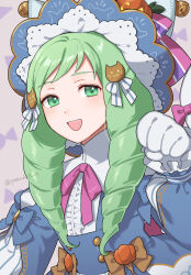 Rule 34 | 1girl, :d, blue dress, bow, cat hair ornament, commentary request, dress, female focus, fire emblem, fire emblem: three houses, fire emblem heroes, flayn (fire emblem), gloves, green eyes, green hair, hair bow, hair ornament, hand up, hat, highres, long hair, looking at viewer, matching hair/eyes, neck ribbon, nintendo, official alternate costume, open mouth, peach11 01, purple ribbon, ribbon, smile, solo, twitter username, upper body, white bow, white gloves