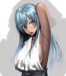 Rule 34 | 1girl, arm up, armpits, breasts, dark elf, dress, elf, female focus, h kasei, large breasts, long hair, looking at viewer, open mouth, original, pointy ears, sideboob, silver hair, sleeveless, sleeveless dress, solo, very long hair, white dress, yellow eyes