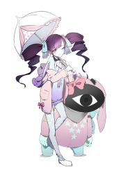 Rule 34 | 1girl, blue eyes, caligula (game), creature, drill hair, eyeball, full body, jacket, long hair, long sleeves, looking at viewer, official art, oguchi, open clothes, open jacket, parasol, purple hair, solo, standing, sweet-p, twin drills, twintails, umbrella, white legwear