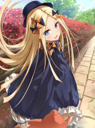 Rule 34 | 1girl, abigail williams (fate), black bow, black dress, black hat, blonde hair, bloomers, blue eyes, blush, bow, breasts, dress, fate/grand order, fate (series), forehead, hair bow, hat, long hair, looking at viewer, multiple bows, open mouth, orange bow, parted bangs, polka dot, polka dot bow, ribbed dress, sakazakinchan, sleeves past fingers, sleeves past wrists, small breasts, smile, solo, stuffed animal, stuffed toy, teddy bear, underwear, white bloomers