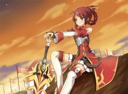 Rule 34 | 1girl, bad id, bad pixiv id, bare shoulders, boots, braid, bridal gauntlets, detached sleeves, elesis (elsword), elsword, flag, french braid, red eyes, red hair, saber knight (elsword), serenasion, serious, short hair, sky, solo, sword, thigh boots, thighhighs, weapon