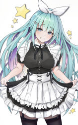 Rule 34 | 1girl, absurdres, aqua hair, black ribbon, black thighhighs, blue eyes, breasts, colored inner hair, erica (soccer spirits), garter straps, hairband, highres, large breasts, long hair, looking at viewer, maid, multicolored hair, neck ribbon, purple hair, ribbon, simple background, soccer spirits, solo, star-shaped pupils, star (symbol), symbol-shaped pupils, thighhighs, umber00, white background, white hairband