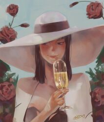 Rule 34 | 1girl, bad id, bad twitter id, black hair, blue background, blue eyes, blunt bangs, breasts, champagne flute, cleavage, close-up, collarbone, commentary, cup, drinking glass, flower, hat, highres, holding, holding cup, jacket, korean commentary, large hat, looking down, looking to the side, medium breasts, medium hair, mulmulgogibbq, nico robin, one piece, red flower, red lips, red rose, rose, shirt, smile, solo, strapless, strapless shirt, watermark, white hat, white jacket