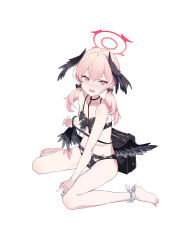 Rule 34 | 1girl, absurdres, ankle ribbon, bag, barefoot, bikini, black bikini, black bow, black wings, blue archive, blush, bow, breasts, chenmu sora, collarbone, double-parted bangs, feathered wings, floral print, front-tie bikini top, front-tie top, full body, hair bow, halo, head wings, highres, koharu (blue archive), koharu (swimsuit) (blue archive), leg ribbon, legs, long hair, low twintails, low wings, nose blush, official alternate costume, open mouth, pink eyes, pink hair, pink halo, print bikini, ribbon, shoulder bag, sitting, small breasts, solo, spaghetti strap, swimsuit, toenails, toes, twintails, wariza, white ribbon, wings