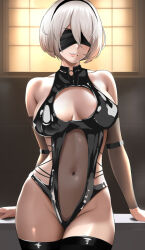 Rule 34 | 1girl, 2b (nier:automata), alternate costume, bare shoulders, black blindfold, black hairband, black leotard, black thighhighs, blindfold, breasts, cleavage cutout, clothing cutout, cowboy shot, groin, hairband, hip vent, lainart, large breasts, leotard, mole, mole under mouth, navel, nier:automata, nier (series), parted lips, revealing clothes, see-through, see-through leotard, solo, thighhighs, white hair