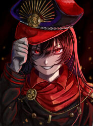 Rule 34 | 1girl, black background, blue hat, cape, family crest, fate/grand order, fate (series), gloves, grin, hair between eyes, hat, highres, looking at viewer, medallion, military, military hat, military uniform, oda nobunaga (fate), oda uri, peaked cap, portrait, red cape, red eyes, red hair, red hat, simple background, smile, smirk, solo, teeth, uniform, wgjpn, white gloves