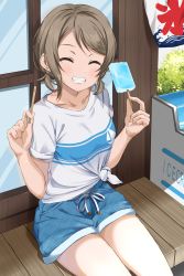 Rule 34 | 1girl, :d, brown hair, collarbone, feet out of frame, food, freezer, gorilla-shi, grin, highres, holding, holding food, love live!, love live! sunshine!!, open mouth, parted bangs, popsicle, popsicle stick, shirt, short hair, short shorts, short twintails, shorts, sidelocks, sitting, sleeves rolled up, smile, solo, t-shirt, teeth, thighs, tied shirt, twintails, watanabe you, white shirt, window
