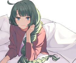 Rule 34 | 1girl, alternate costume, blue eyes, blush, braid, breasts, closed mouth, green hair, highres, ichiroku (sakumogu-029), kantai collection, long hair, long sleeves, looking at viewer, mole, mole under mouth, pillow, purple shirt, shirt, simple background, single braid, small breasts, smile, solo, very long hair, white background, yuugumo (kancolle)